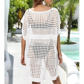 REOCHEL Womens Swimsuit Crochet Swim Cover Up Summer Bathing Suit Swimwear Knit Pullover V Neck Beach Dress,White