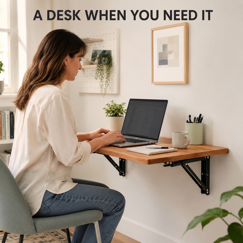2-Pack Folding Shelf Brackets with 90° Lock & Press-to-Fold Design