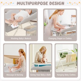 BABY JOY Portable Baby Changing Table, Foldable Diaper Changing Station w/Wheels, Adjustable Height, Large Storage Rack, Water Basin, Safety Belt, Mobile Nursery Organizer for Newborn Infant (Gray)
