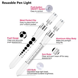 Pen Lights for Nurses Pen Light with Pupil Gauge and Ruler Reusable Penlight Medical Pen Light for Doctors Nursing Students EMT EMS White Light LED Penlights for Nurses with 4 Batteries 2pcs White