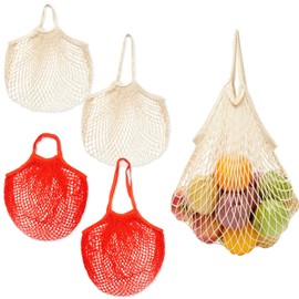 4 Pcs Reusable Produce Bags, Cotton String Shopping Bag with Long Short Handle, Washable Grocery Mesh Bags Produce Net Bags Organizer Tote Bag for Fruits Vegetables Grocery Storage