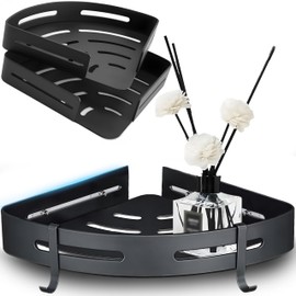 Retoo Pack of 2 Corner Shelves, Shower Shelves, 19 x 26 x 3 cm, Rounded Edges, Corrosion Resistance, Shelf, Mounting Elements, Box contents: for Bathrooms, Kitchens, Aluminium, Black