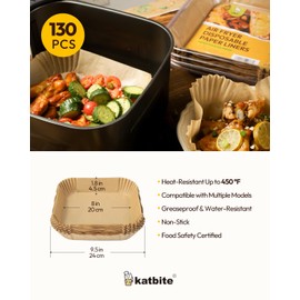 Katbite Air Fryer Liners Disposable - 8 inch Square Non-Stick Airfryer Paper Liners, Unbleached Parchment Paper for 5 to 8 Qt Basket, Frying, Baking, Cooking, Roasting, Easy Cleanup, 130pcs
