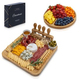 Charcuterie Board Set Bamboo with Cheese Knives and Bowls, Large Wooden Serving Platter for Entertaining, Housewarming and Wedding Gift by Cavrro