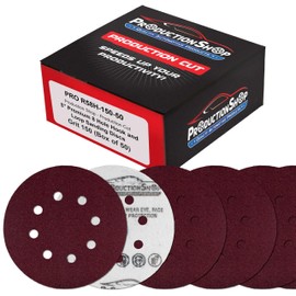ProductionShop Premium 5" Red 8-Hole Pattern 150 Grit Sanding Discs, Box of 50 - Dustless Hook & Loop Backing Sandpaper for Random Orbital Sanders, Medium-Fine-Cut Abrasive - Woodworking, Auto Paint