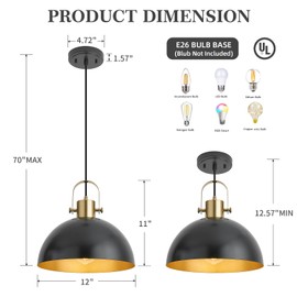 AURYNIX 12 Inch Farmhouse Pendant Lights, Black, 3 Pack