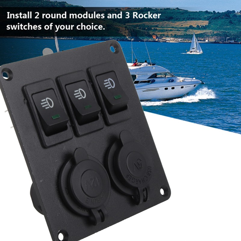 Car Marine 3+2combination LED Single Rocker Green Light Switch+Car Charger