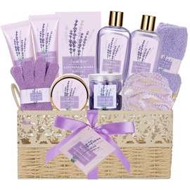 Saint Roy- Juego de baño y cuerpo de lujo para mujer LAVANDA Y MIEL Cesta de spa grande 20 piezas Kit de spa de baño de lujo para