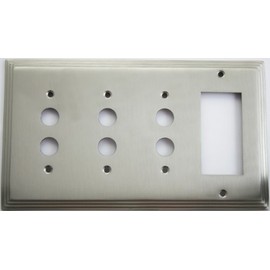 Satin Nickel Deco Step Style 4 Gang Wall Plate - 3 Push Button Switch 1 GFI/Rocker Opening
