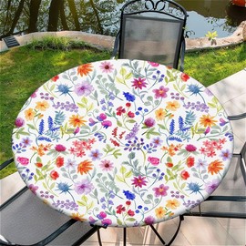 Outdoor Round Tablecloth with Elastic Band, Diameter 90 cm, Elastic Garden Tablecloth with Colourful Small Flowers Pattern