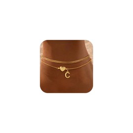 SLOONG Gold Initial Anklet Bracelets for Women, 14k Gold Plated Layered Letter C Heart Anklet Dainty Trendy Waterproof Summer Beach Jewelry Gifts for Women