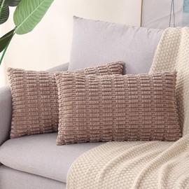 Gujiahone Light Brown Corduroy Decorative Throw Pillow Covers 12x20 Inch Set of 2 Soft Boho Striped Lumbar Pillow Covers Modern Farmhouse Home Decor for Sofa Couch Living Room