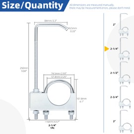 Glarks 1 x 2-1/4 inch galvanised universal exhaust clamp with hanger, adjustable silencer pipe clamp with hanger, truck exhaust pipe hanger for silencer pipe, vibration damping