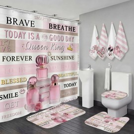 Tranqun 8 Pcs Pink Shower Curtain Set Pink Perfume Fashion Bathroom Decor with Shower Curtain Rugs 4 Wash Towels and Accessories Girly Perfume Bathroom Set with 12 Hooks for Decor Waterproof Non-Slip