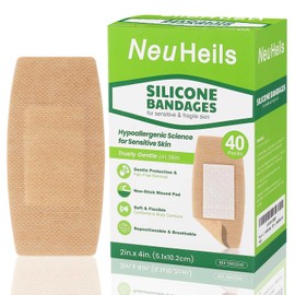 NeuHeils Silicone Bandages for Sensitive Skin, Large 2x4 Inch (40 Count) | Hypoallergenic & Waterproof Wound Care | Pain-Free Removal, Non-Stick Pad, Gentle for Fragile Skin