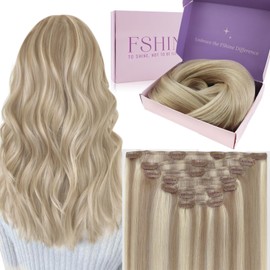 Fshine Clip in Highlight Human Hair Ash Blonde Real Hair Clip in Extensions And Platinum Blonde Remy Brazilian Hair Extensions Seamless Clip ins Double Weft 7Pcs 24 Inch
