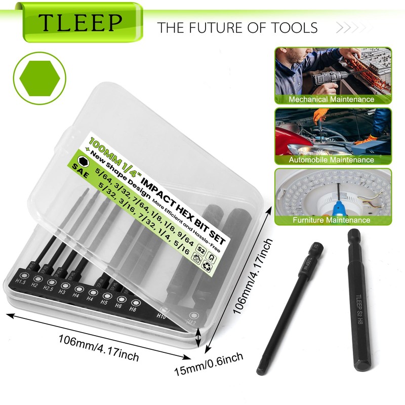 TLEEP 11Pcs 1/4" Allen Wrench Drill Bit Set 5/16"-5/64", 100MM