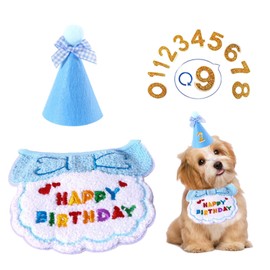 Dog Birthday Party Supplies,1Set Dog Birthday Hat and Bandana with Numbers,Cute Embroidered Dog Bib Bow Pompom Party Hat Set Puppy Dog Birthday Outfit for Pet Cats Small Medium Dogs (Blue)