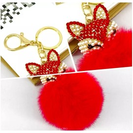 Adorable Kitty CAT Red PUFF Rhinestone PURSE CHARM Clip On KEY RING Key Chain