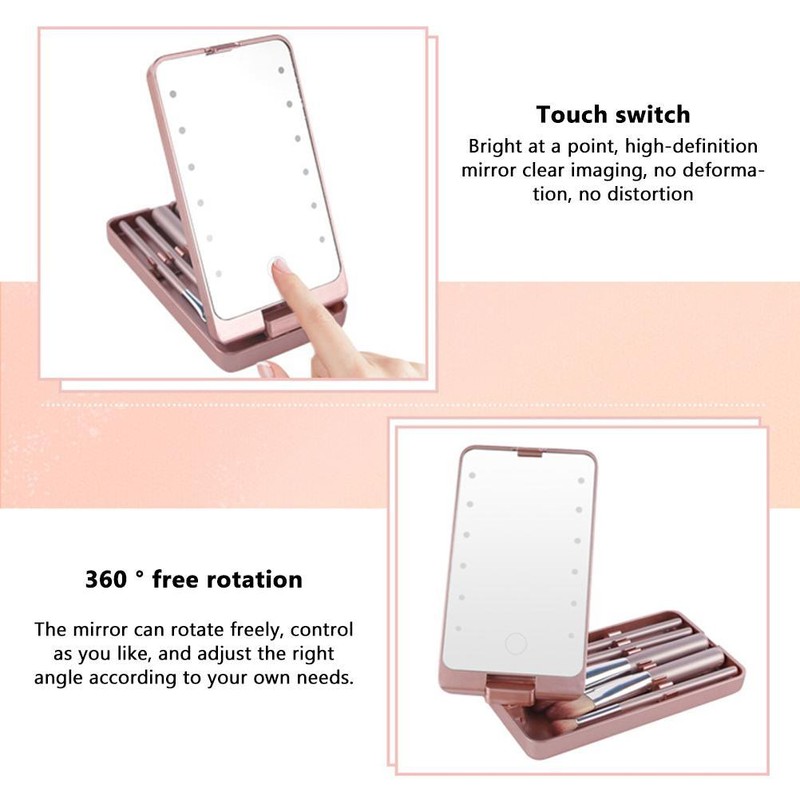 LED Lighted Makeup Cosmetic Mirror with Makeup Brushes Travel Folding