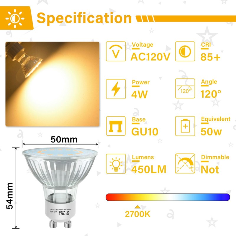 DUMILOO GU10 LED Bulb, 50 Watt Halogen Equivalent, 2700K Soft