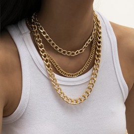 ANGLEQUEEN Chunky Gold Necklaces for Women Gold Layered Necklace Punk 8090s Hip Hop Necklaces Cuban Link Chain Necklace Layered Choker NecklaceProm Jewelry Freaknik Outfit Accessories (Gold3)