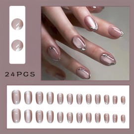 24PCS Sparkly Press on Nails Short Almond Fake Nails with Silver Edge Sparkly Design Shiny False Nails Gel Glue on Nails Sparkly Stick on Nails Glue on Nails Acrylic Nails for Women Daily Wear