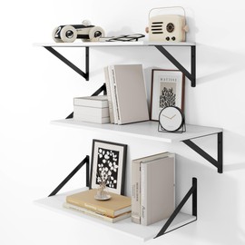 Heimlove 24" W x 12" D Wall Shelves for Books, 12 Inch Deep Floating Shelves Set of 3, Wide Floating Bookshelf with Metal Bracket for Living Room, Kitchen, Office, Bedroom and Decor Storage - White