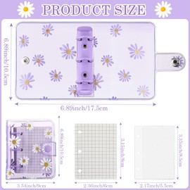 2 Sets Mini Transparent 3 Ring Binder Covers with Inner Paper Mini Binder Daisy PVC Notebook Loose Leaf Binder 3 Ring Journal Notebook Round Ring Binder Cover Protector for Diary (Purple, Pink)