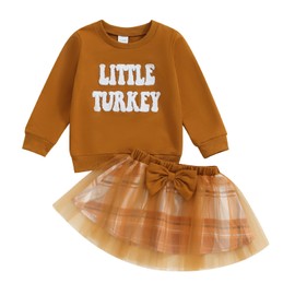 Kayotuas Toddler Girl Thanksgiving Outfit Turkey Sweatshirt Sweater Tulle Tutu Skirts Kids Little Girls Thanksgiving Clothes (Brown, 2-3T)