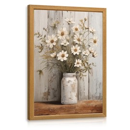 IAFWZX Wood Framed Rustic White Daisy Wall Art, Country Farmhouse Floral Wall Decor, Vintage Daisy Flower Mason Jar Canvas Painting, Nature Botanical Aesthetic Picture for Bathroom Living Room 12"x16"