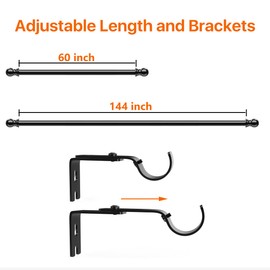 Curtain Rods for Windows 66 to 144, 1 inch Heavy Duty Splicing Curtain Rod for Adjustable, Easy Install Drapery Rod for Patio Outside, Bedroom, living room, Long 144 inch Curtain Rods, Black