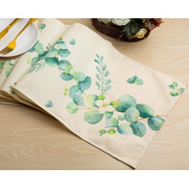 DUQGUHO Green Table Runner Eucalyptus Floral Table Runner Spring Flower Decor Summer Table Runner Linen Seasonal Spring Vintage Decorations for Dining Wedding Outdoor Party Table Decor 13*72 Inch