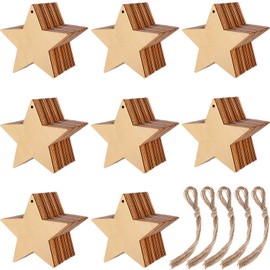 Blulu 100 Pieces Christmas Wooden Ornaments Star Round Wood Slices Wood Snowflake Angel Shape Christmas Tree Hanging Embellishments with 100 Pieces Cords (Style 2)