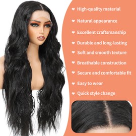 Seykiki Black Wigs for Women Synthetic Lace Front Wig Pre Plucked With Baby Hair 26 Inch Long Wavy Middle Part Wig 13x4x1 Glueless Wig Ready to Wear