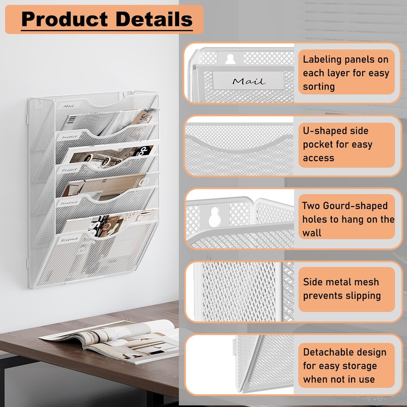 Senhoglb File Folder Organizer, 5-Tier Mesh Hanging Wall File Holder,