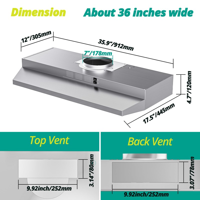 FIREGAS Range Hood 36 inch Under Cabinet, Ducted/Ductless Convertible Kitchen