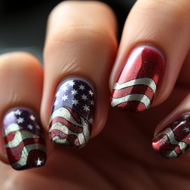 4th of July Press On Nails Short Square Fake Nails With Star Flag Stripe Designs Independence Day Nails Press Ons Full Cover False Nails Glossy Glue On Nails Short Stick On Nails For Women