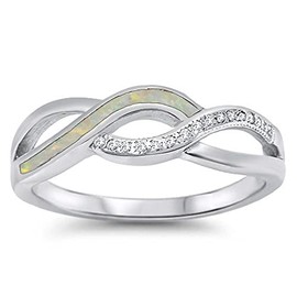 Clear CZ White Simulated Opal Infinity Knot Ring .925 Sterling Silver Band Size 7