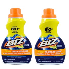 Biz Laundry Detergent Liquid Booster, Stain and Odor Eliminator for Tough Stains Like Sweat Grass and Food Grease, Best Stain Remover for Clothes, Color Safe, Bleach Free, 2 Pack, 100 fl oz Total