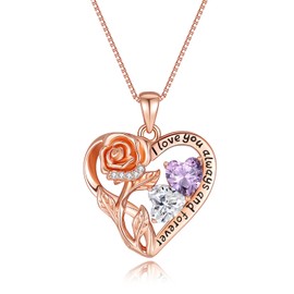 925 Sterling Silver Double Birthstone Rose Flower Heart Jewelry Necklaces for Women Anniversary Love Necklace for Her Birthday Gifts for Wife Girlfriend Mom Valentines Day Rose Gold 02 04