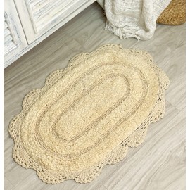 Chardin home Light Yellow Crochet Bathrug, 100% Cotton Oval bathmat with artisanally Handcrafted Crochet Border, 17x24 Inch Oval tubmat, Small Rug, Perfect for Half Baths, Powder Rooms, bathrooms