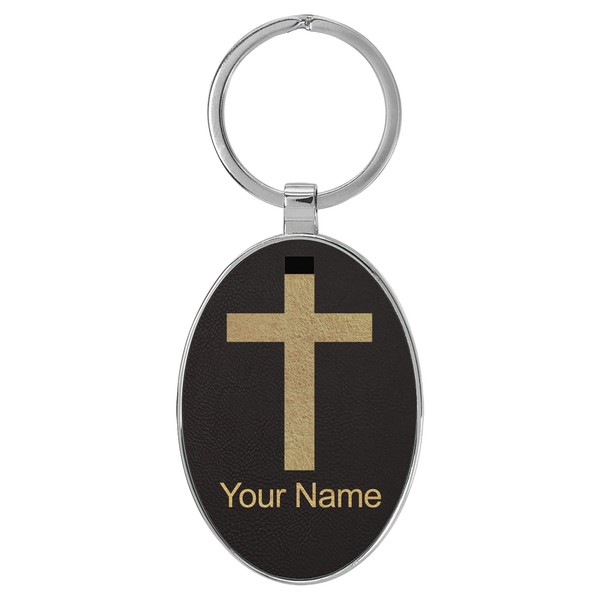 LaserGram Oval Keychain, Christian Cross, Personalized Engraving Included (Metal Frame,