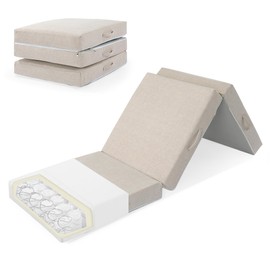 HOMBYS High Density Foam Trifold Floor Mattress with Inner Spring,Foldable Floor Bed Mattress Single Size,Portable Folding Mat,Guest Sleeping Mattress for Floor,4 inch Temporary Bed,75"x25"x4",Beige