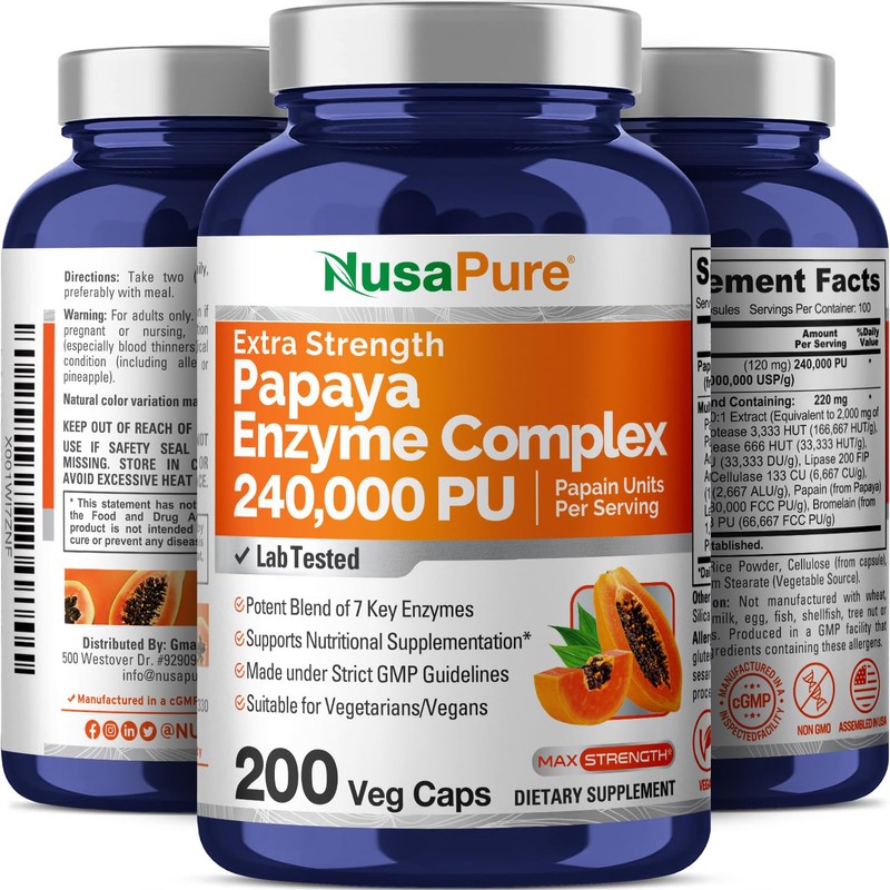 NusaPure Papaya Papain Enzyme Complex 240,000 PU - 200 Veggie
