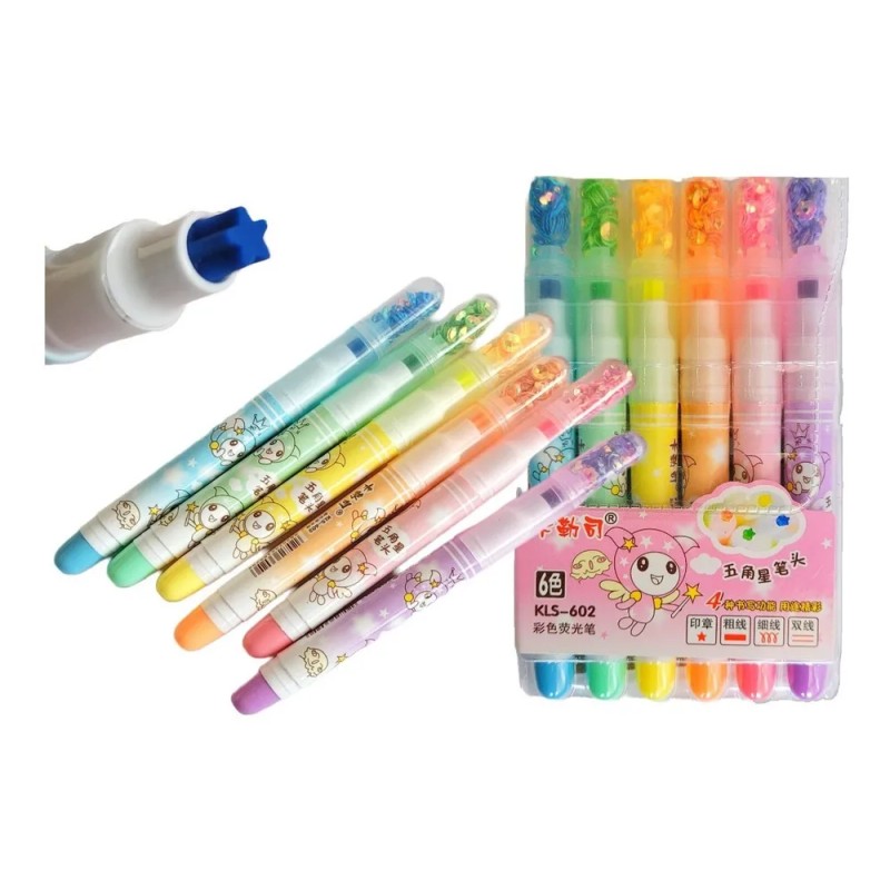 6 Marcatextos Resaltador Con Punta Estrella Kawaii
