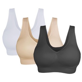 Cabales Women's 3-Pack Seamless Wireless Sports Bra with Removable Pads, Black/White/Nude, X-Large