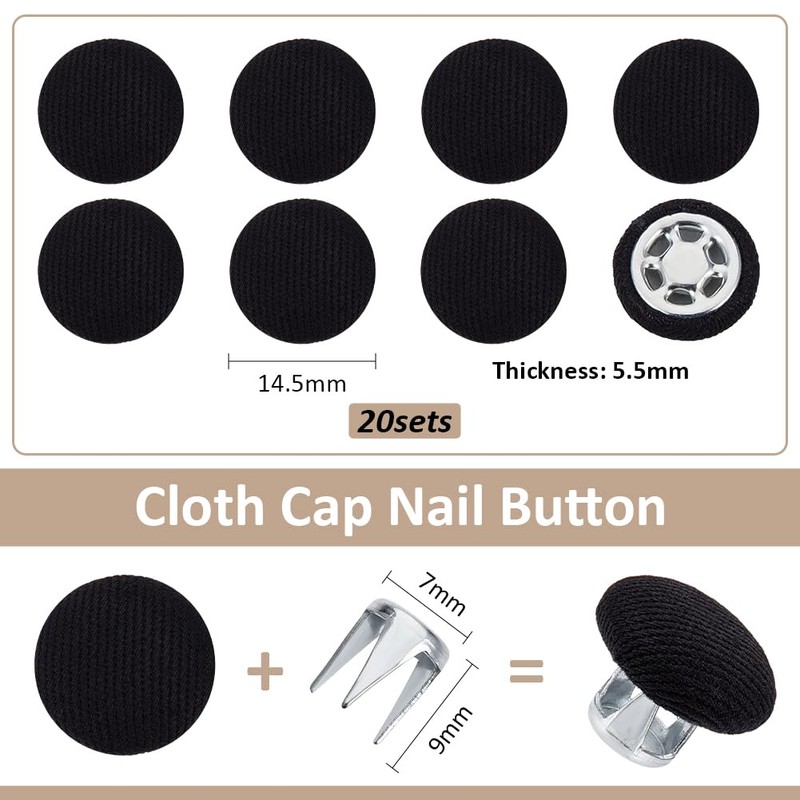 BENECREAT 20Sets Black 14.5mm Baseball Cap Button Top Replacement, Cotton