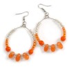 Orange/Transparent Ceramic/Glass Bead Hoop Earrings In Silver Tone - 70mm