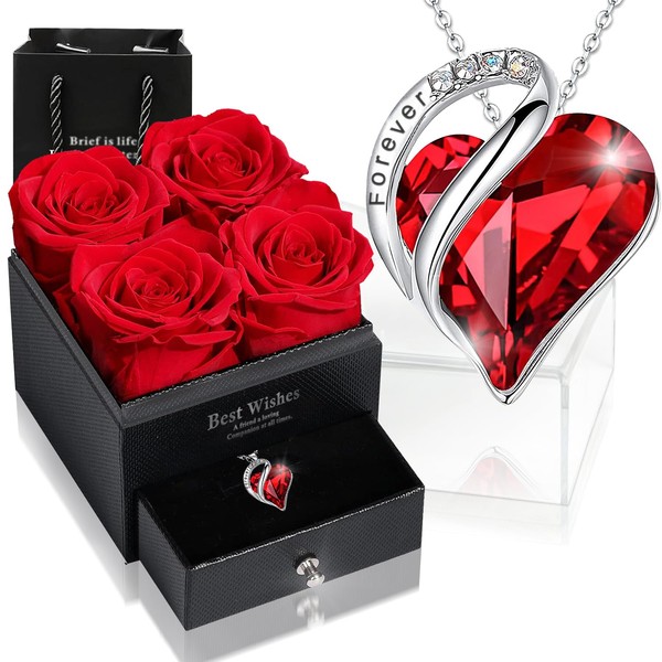 sopalmy Eternal Rose Box with Heart Necklace, Upgrade Gifts for Women with 4 Preserved Eternal Real Roses & Heart Necklace Made of 925 Sterling Silver Jewellery Rose Box for Birthday Valentine's Day,